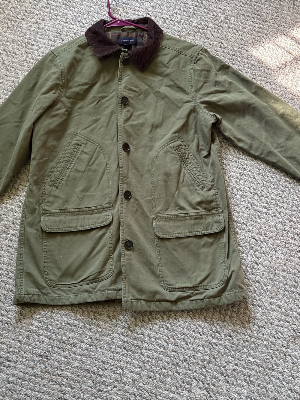 Lands' End Olive Green Field Jacket with Dark Brown Corduroy Collar